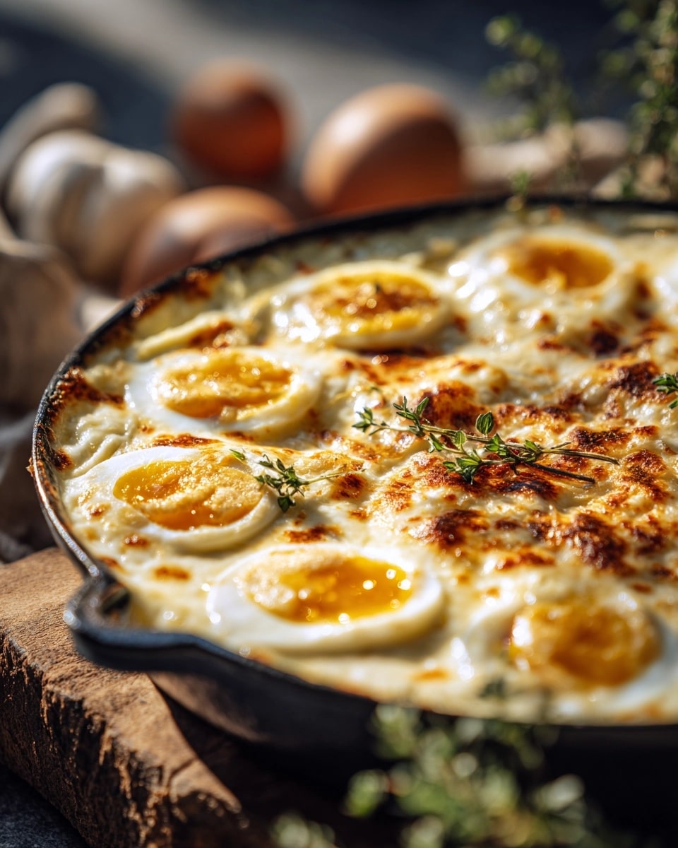 Eggs au Gratin with Béchamel Sauce and Crispy Bacon Recipe - Recipe Image