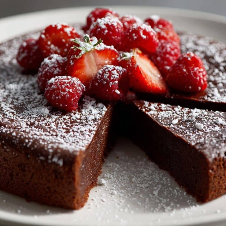 Fudgy Flourless Chocolate Cake with Ganache and Raspberries Recipe