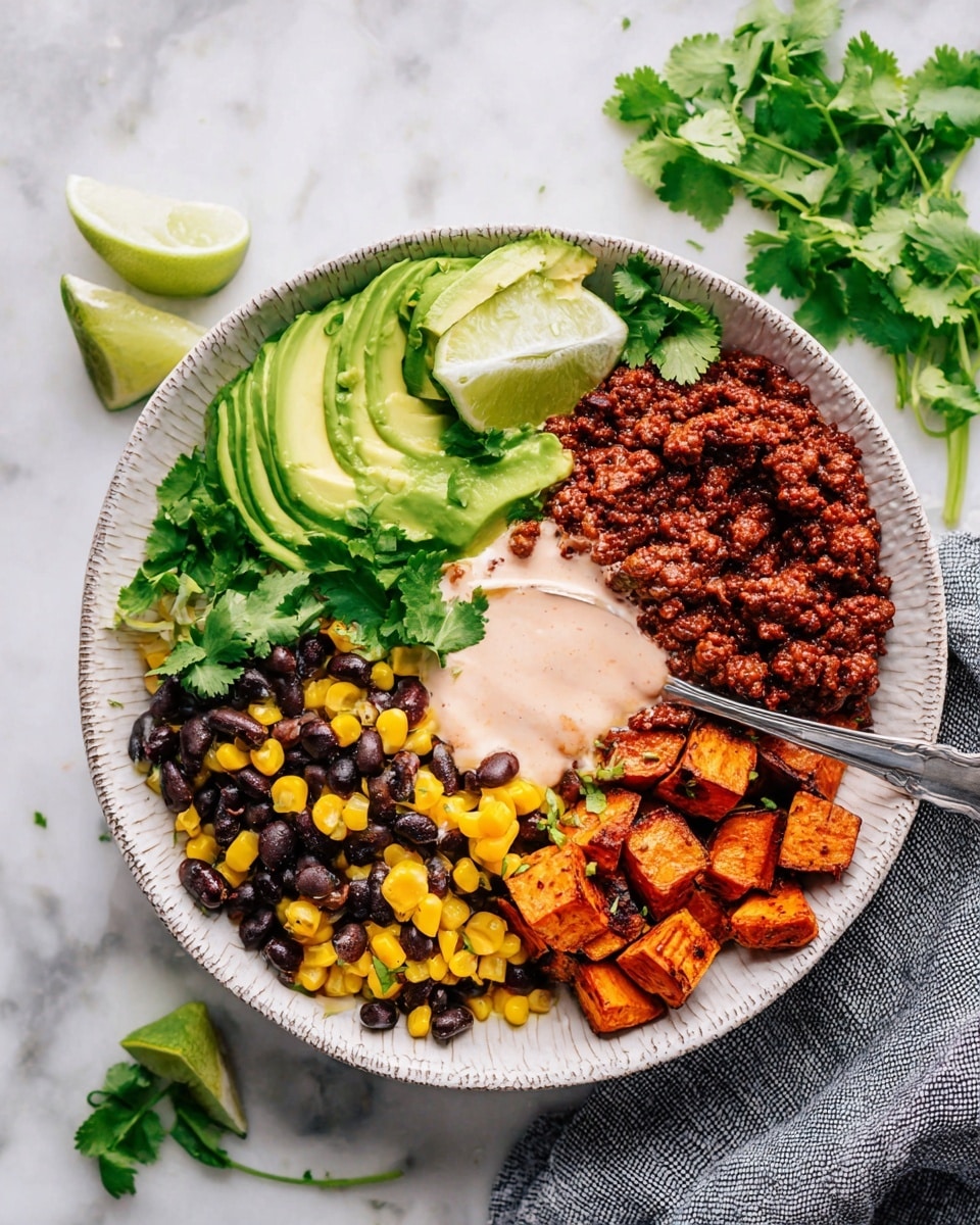 Ground Beef Taco Bowl with Roasted Sweet Potatoes and Spicy Lime Sauce Recipe - Recipe Image