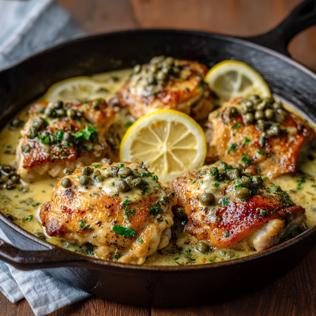 Creamy Lemon Garlic Chicken Thighs with Capers Recipe - Recipe Image
